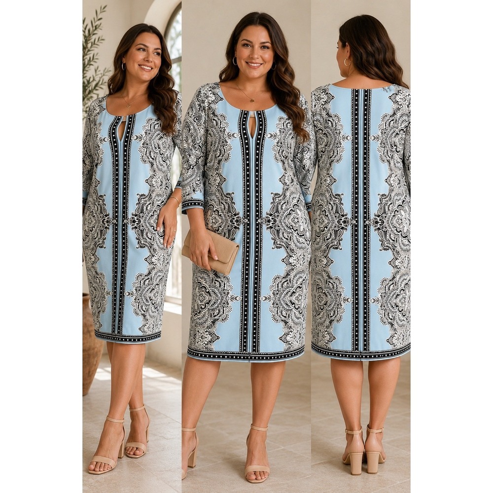 Studio One New York Blue Paisley Medallion Keyhole Shift Dress Womens 2X